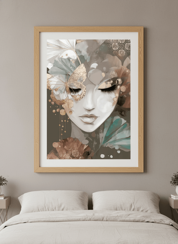 Minimalist artwork displayed in a calm, light-filled bedroom interior