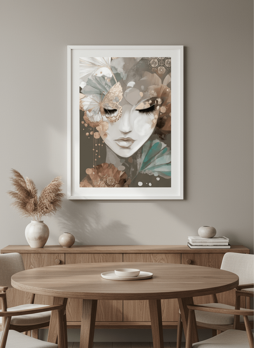 Wall art styled above a dining table in a contemporary home