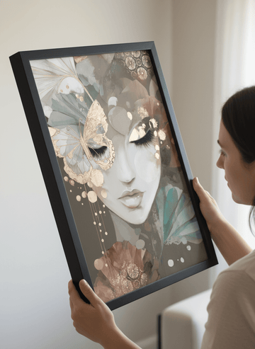 Person showcasing the artwork against a clean modern interior wall