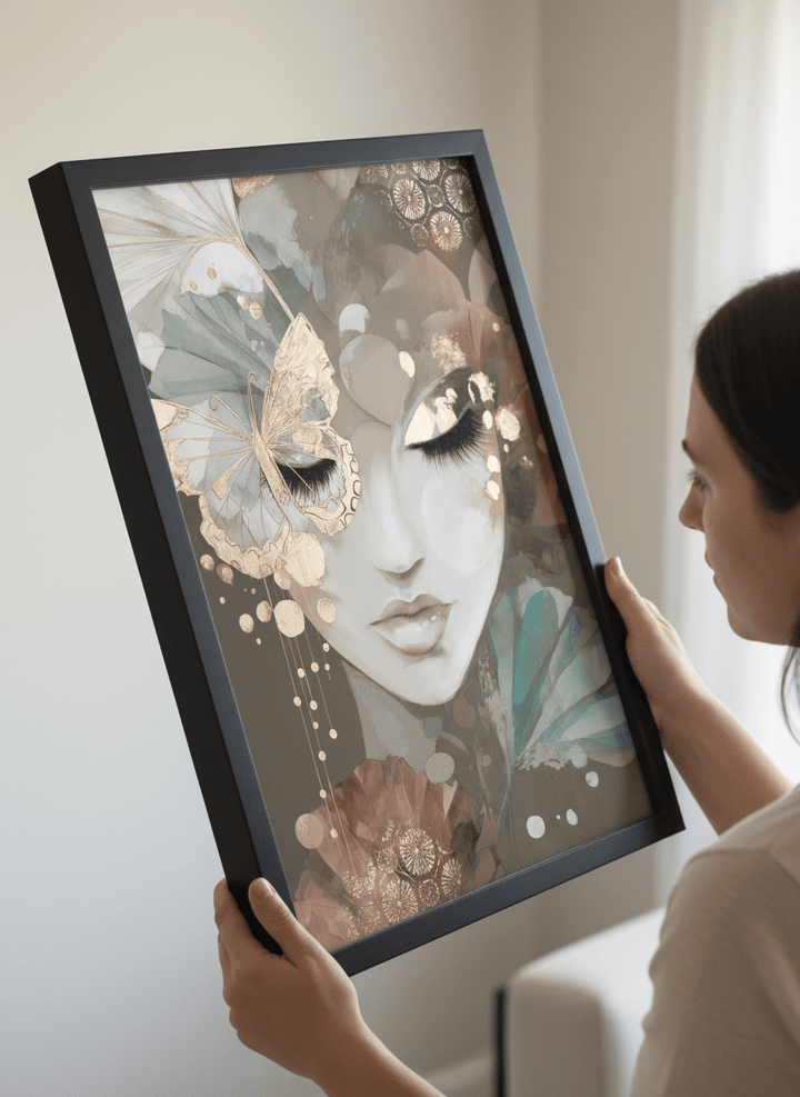 Person showcasing the artwork against a clean modern interior wall