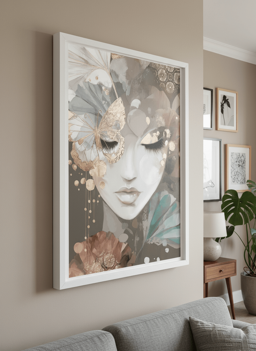 Modern wall art styled above a sofa in a neutral living room
