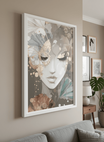 Modern wall art styled above a sofa in a neutral living room