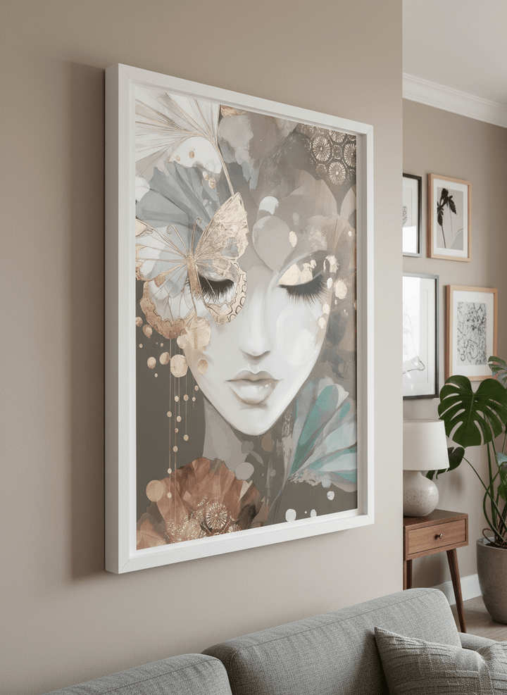 Modern wall art styled above a sofa in a neutral living room