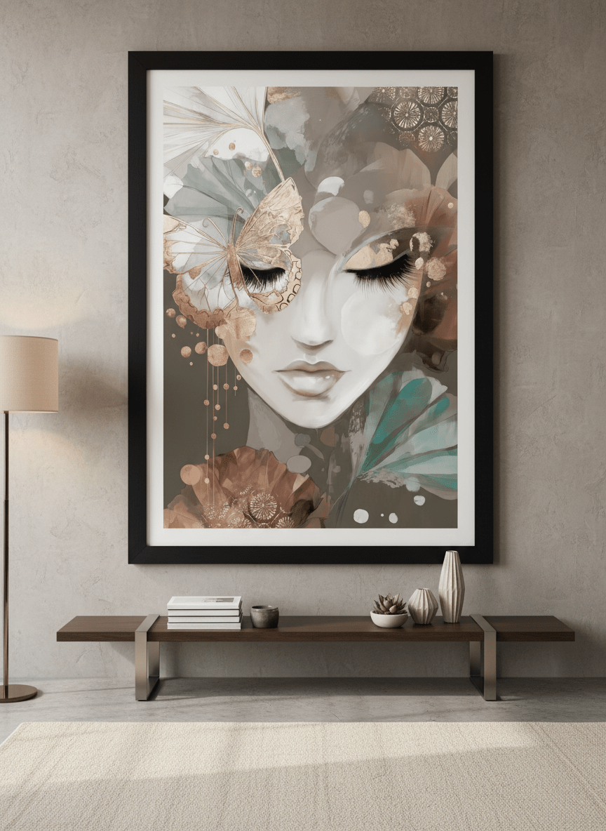 Monumental artwork centred on a feature wall in a luxe interior