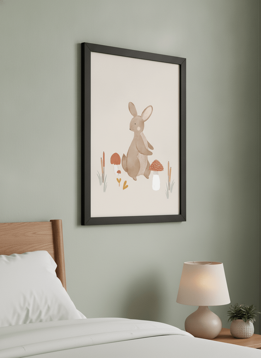 Minimalist artwork displayed in a calm, light-filled bedroom interior