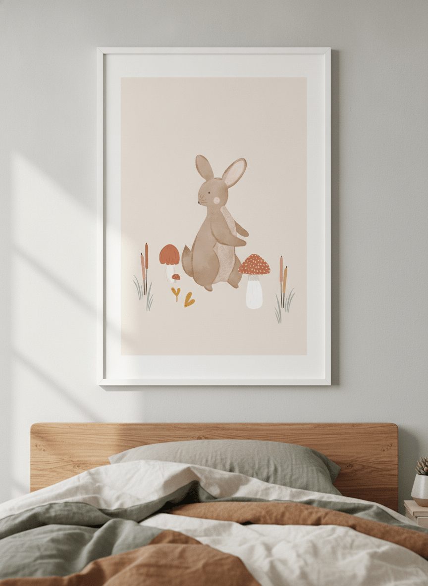 Minimalist artwork displayed in a calm, light-filled bedroom interior