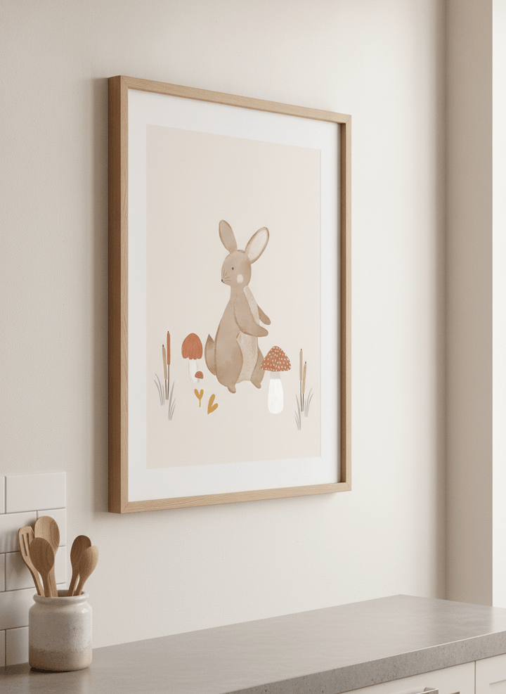 Artwork styled on the wall of a bright modern kitchen
