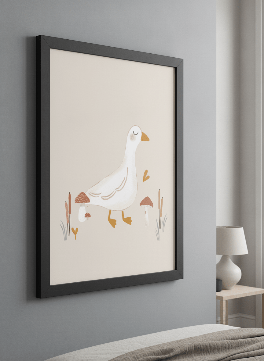 Minimalist artwork displayed in a calm, light-filled bedroom interior