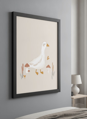 Minimalist artwork displayed in a calm, light-filled bedroom interior
