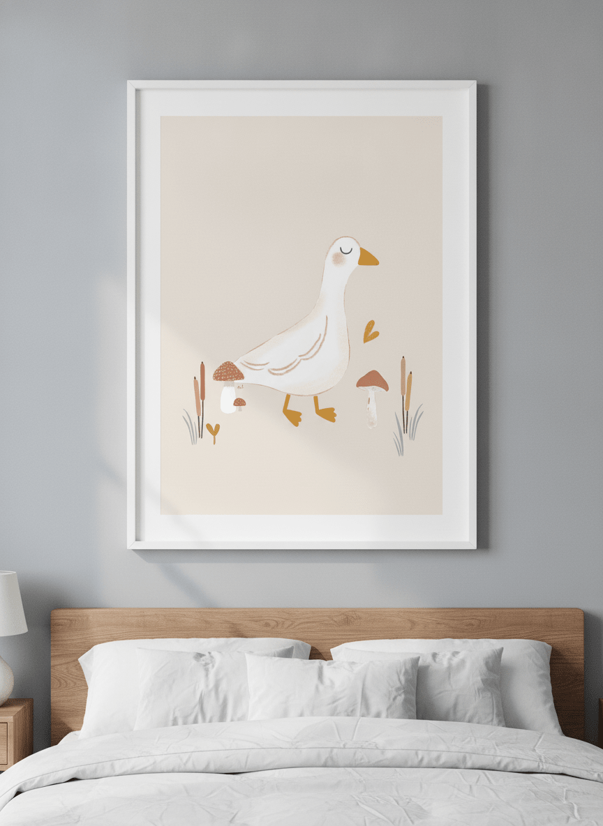 Minimalist artwork displayed in a calm, light-filled bedroom interior