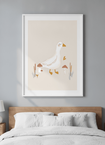 Minimalist artwork displayed in a calm, light-filled bedroom interior