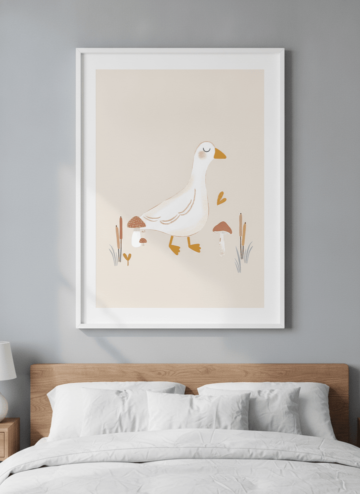Minimalist artwork displayed in a calm, light-filled bedroom interior