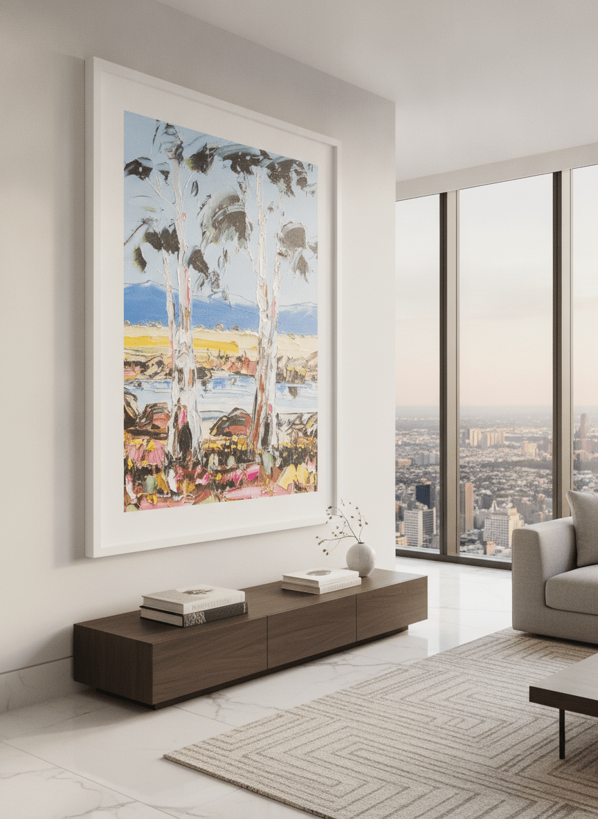 Monumental artwork centred on a feature wall in a luxe interior