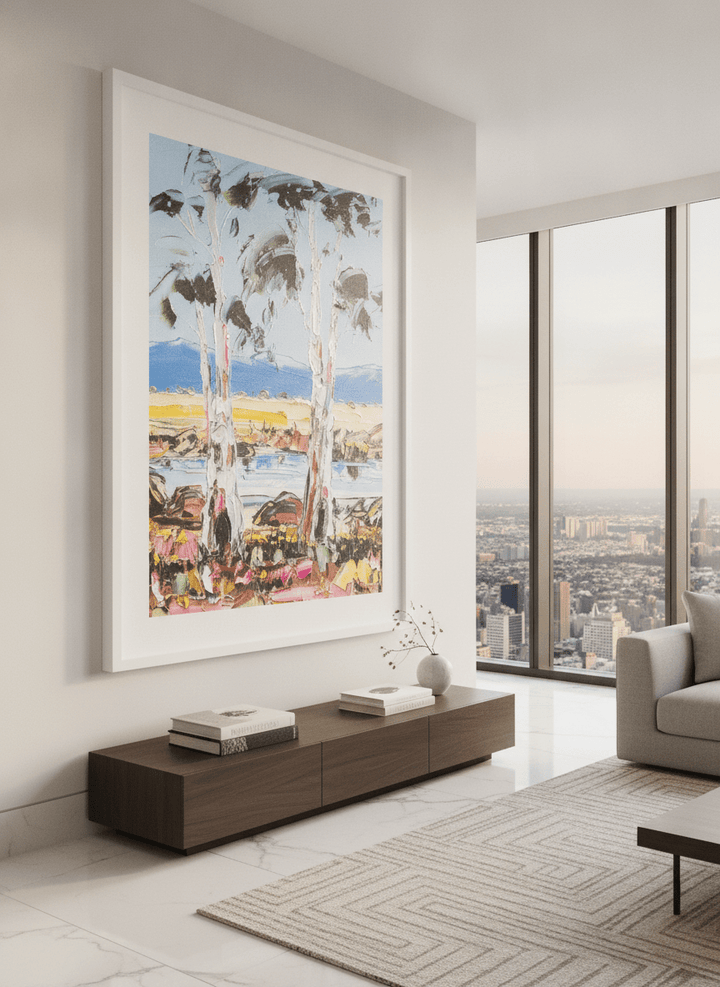 Monumental artwork centred on a feature wall in a luxe interior