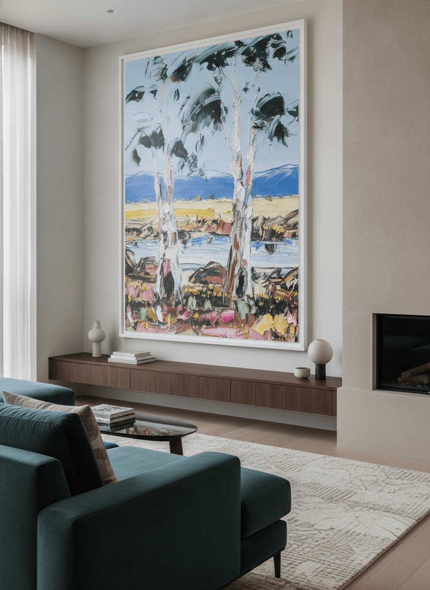 Monumental artwork centred on a feature wall in a luxe interior