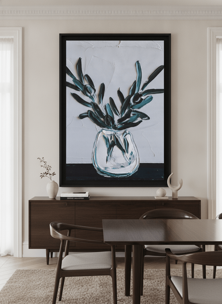 Monumental artwork centred on a feature wall in a luxe interior