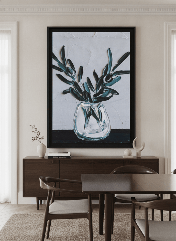Monumental artwork centred on a feature wall in a luxe interior