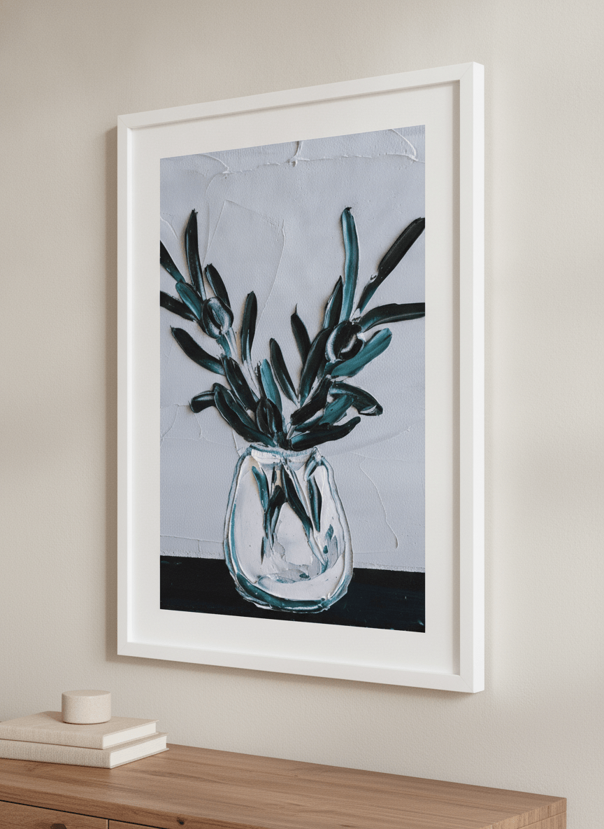 Minimalist artwork displayed in a calm, light-filled bedroom interior