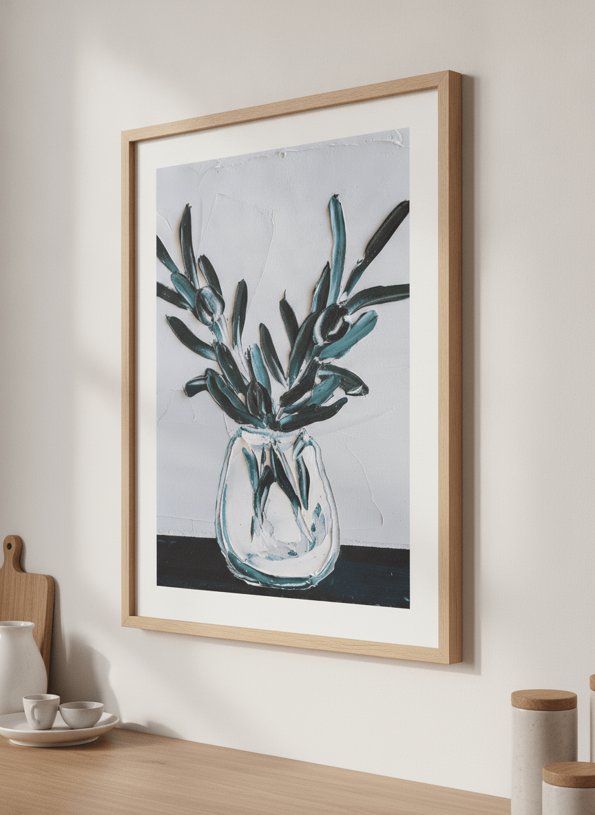 Artwork styled on the wall of a bright modern kitchen