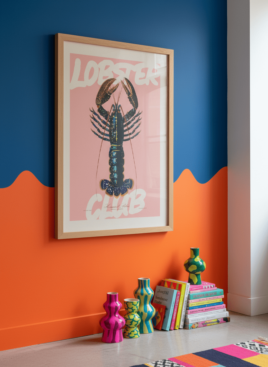 Bold wall art styled in a colourful, eclectic modern home