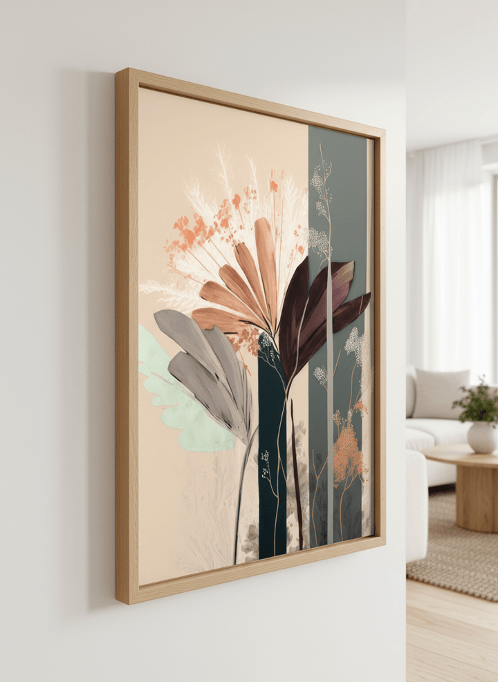 Modern wall art styled above a sofa in a neutral living room