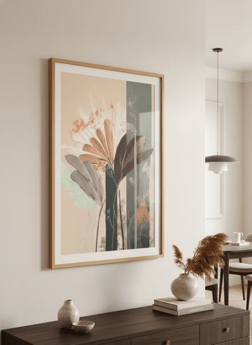 Wall art styled above a dining table in a contemporary home
