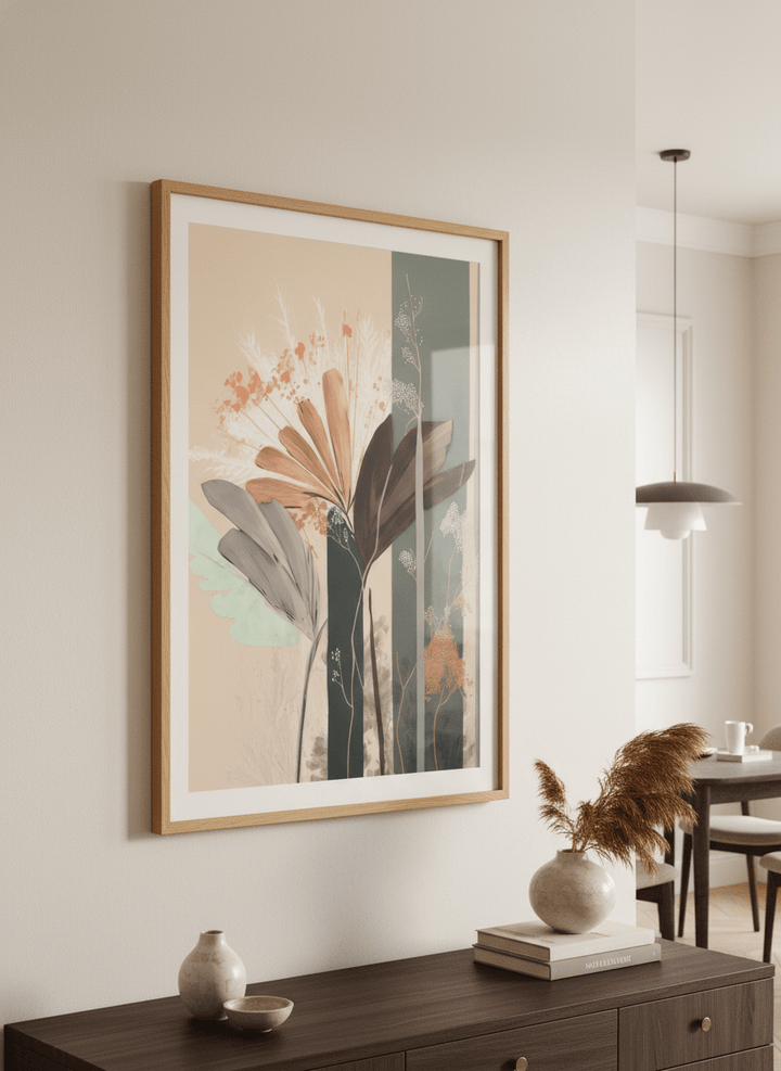 Wall art styled above a dining table in a contemporary home