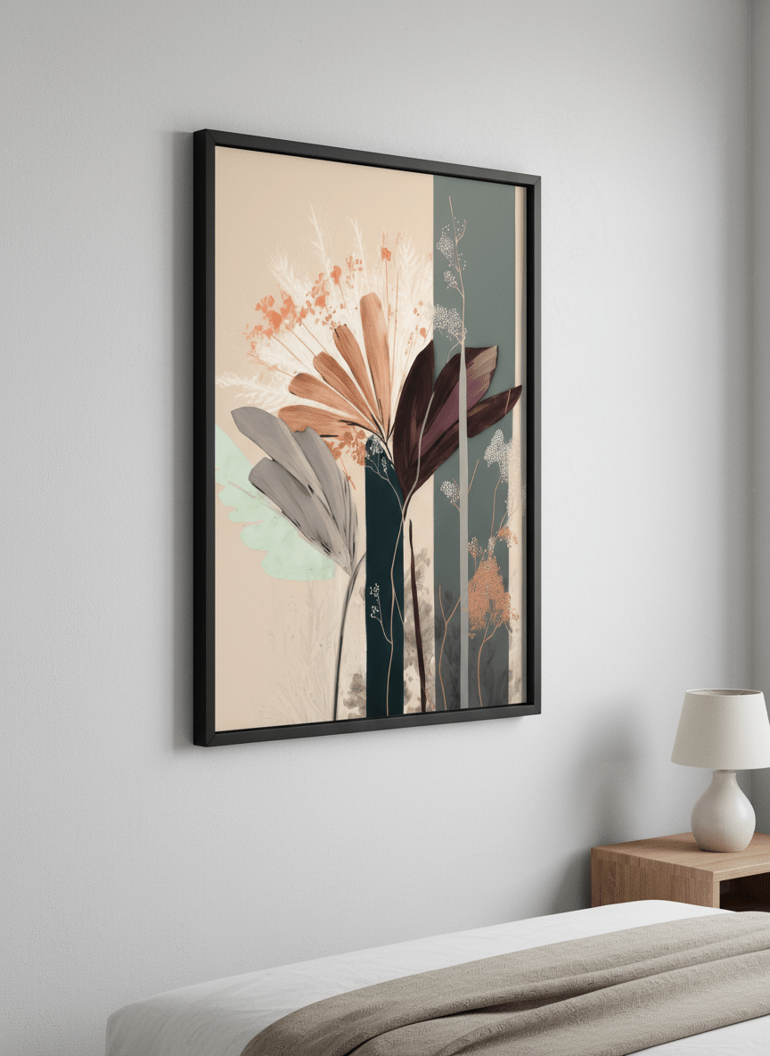 Minimalist artwork displayed in a calm, light-filled bedroom interior