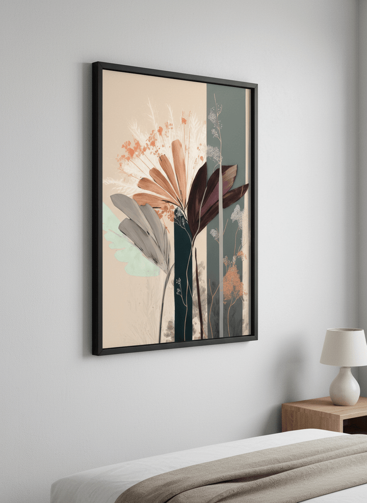 Minimalist artwork displayed in a calm, light-filled bedroom interior