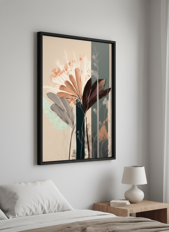Minimalist artwork displayed in a calm, light-filled bedroom interior
