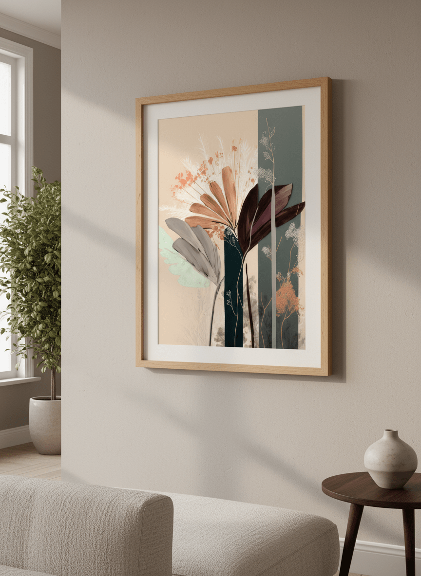 Modern wall art styled above a sofa in a neutral living room