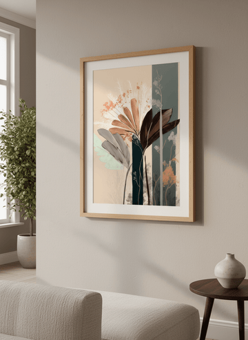 Modern wall art styled above a sofa in a neutral living room