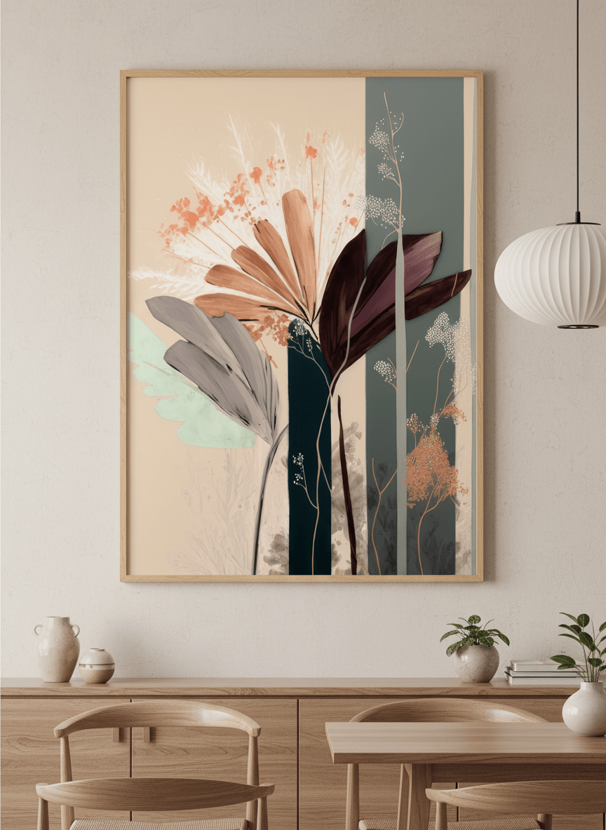 Wall art styled above a dining table in a contemporary home