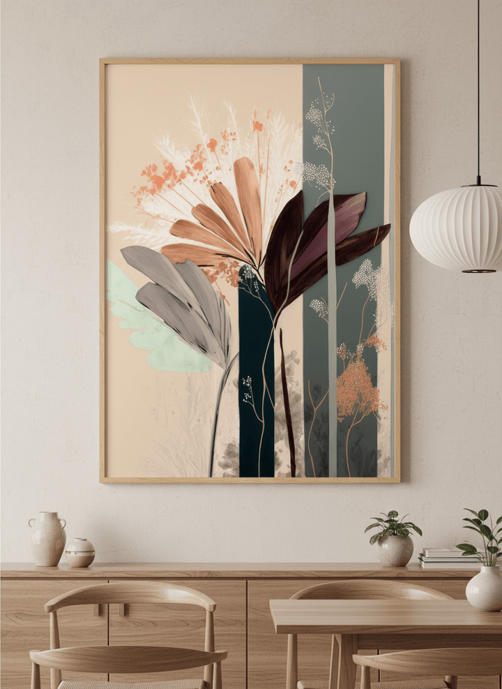Wall art styled above a dining table in a contemporary home