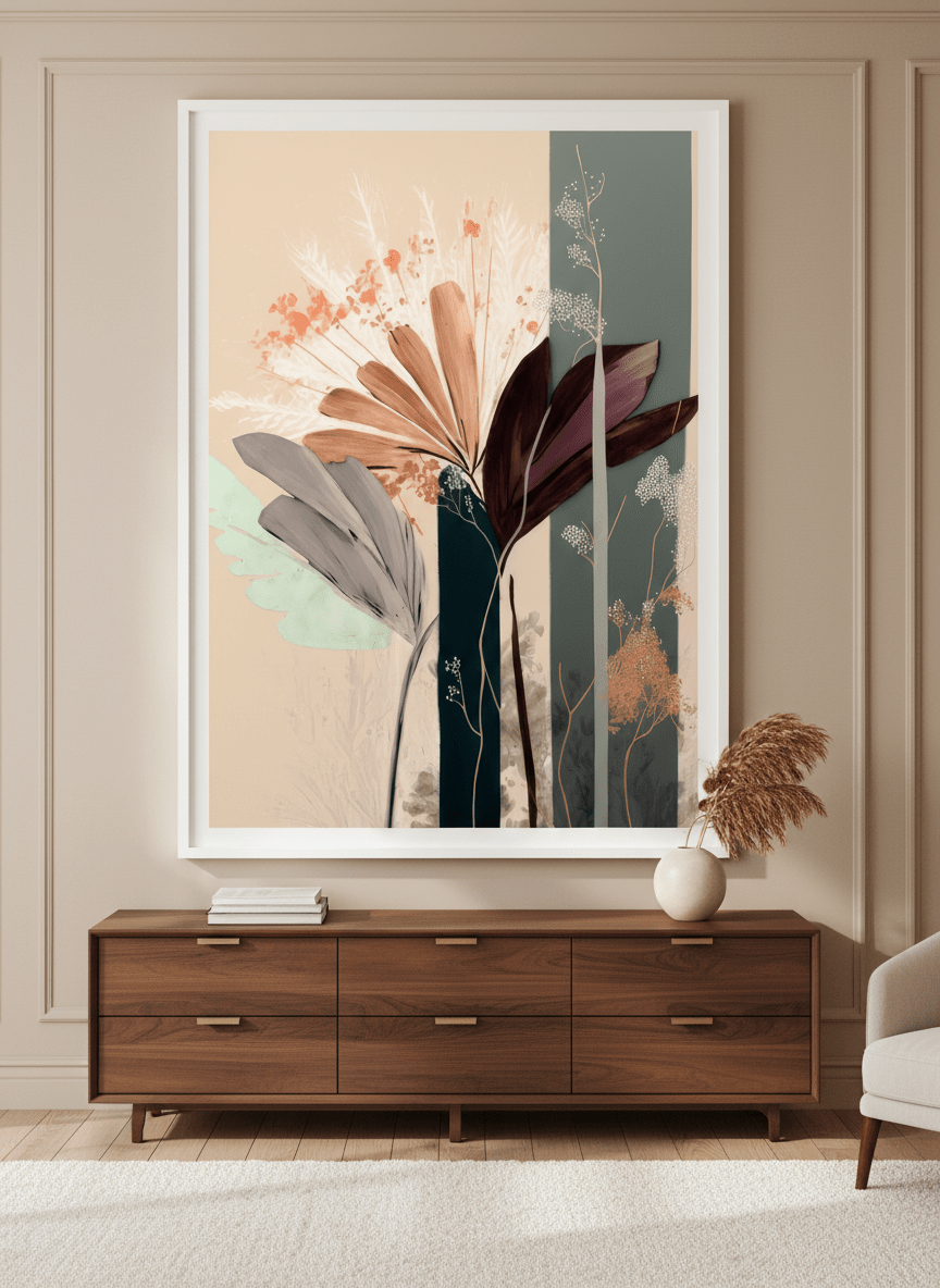 Monumental artwork centred on a feature wall in a luxe interior