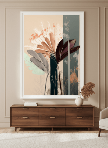 Monumental artwork centred on a feature wall in a luxe interior