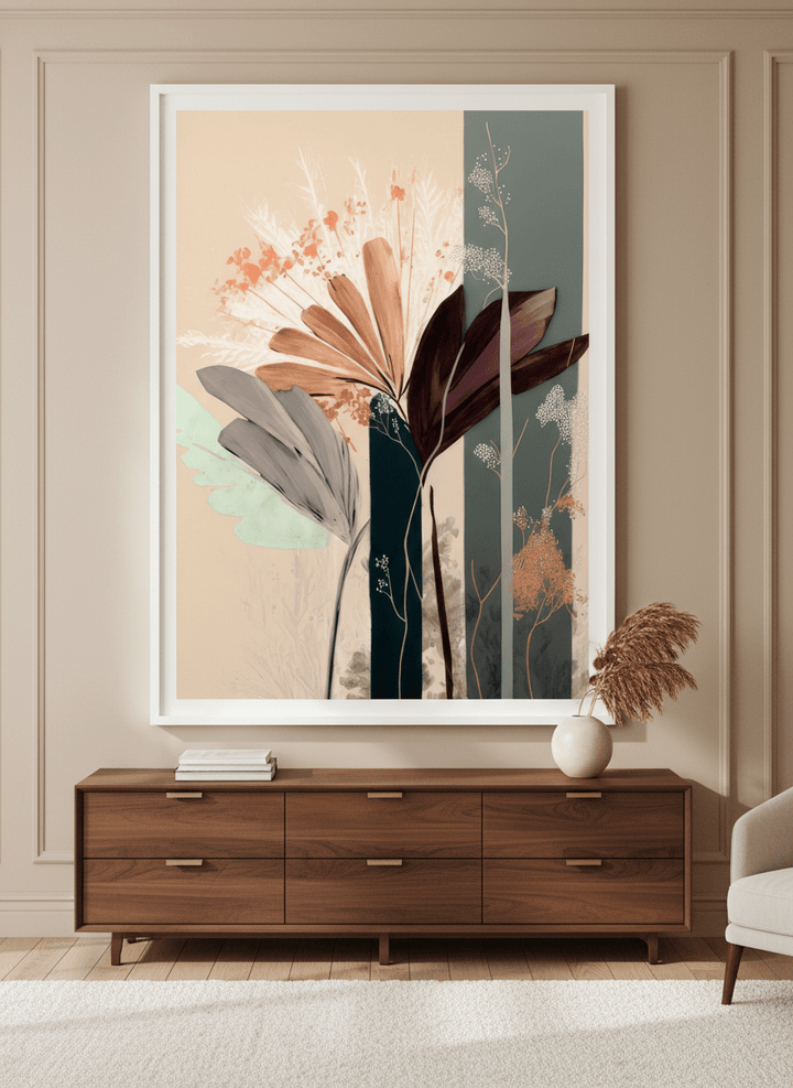 Monumental artwork centred on a feature wall in a luxe interior