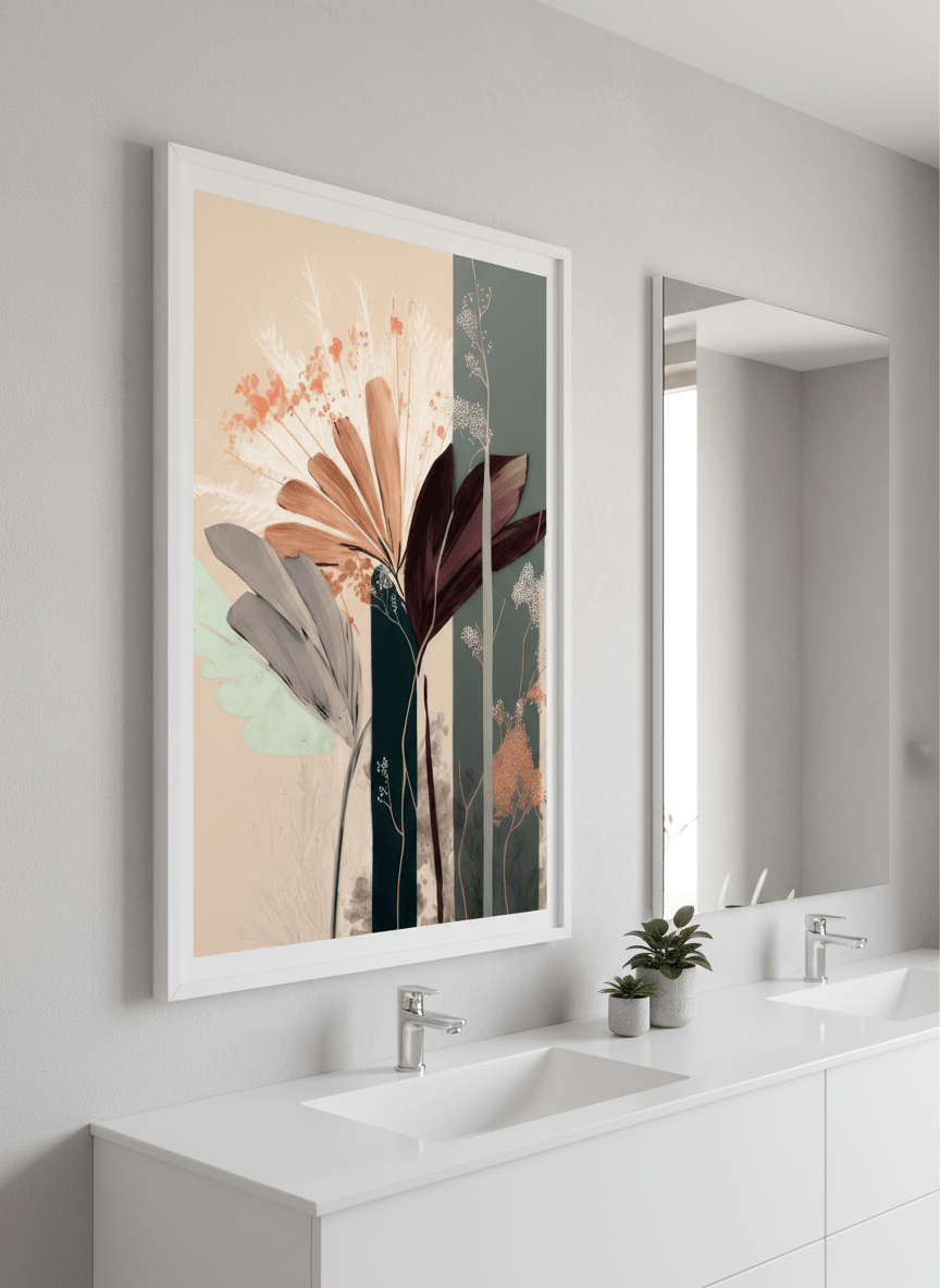 Modern print displayed in a clean minimalist bathroom setting
