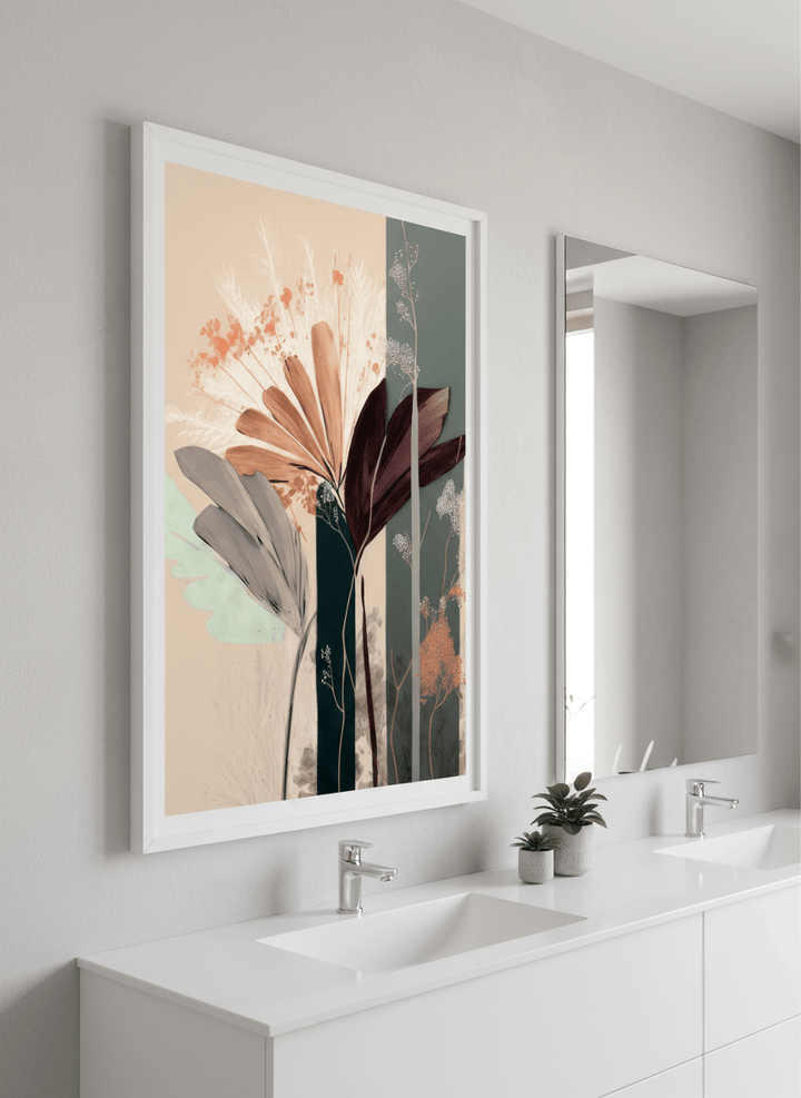 Modern print displayed in a clean minimalist bathroom setting