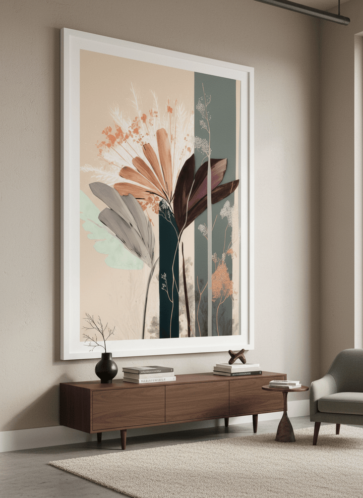 Monumental artwork centred on a feature wall in a luxe interior