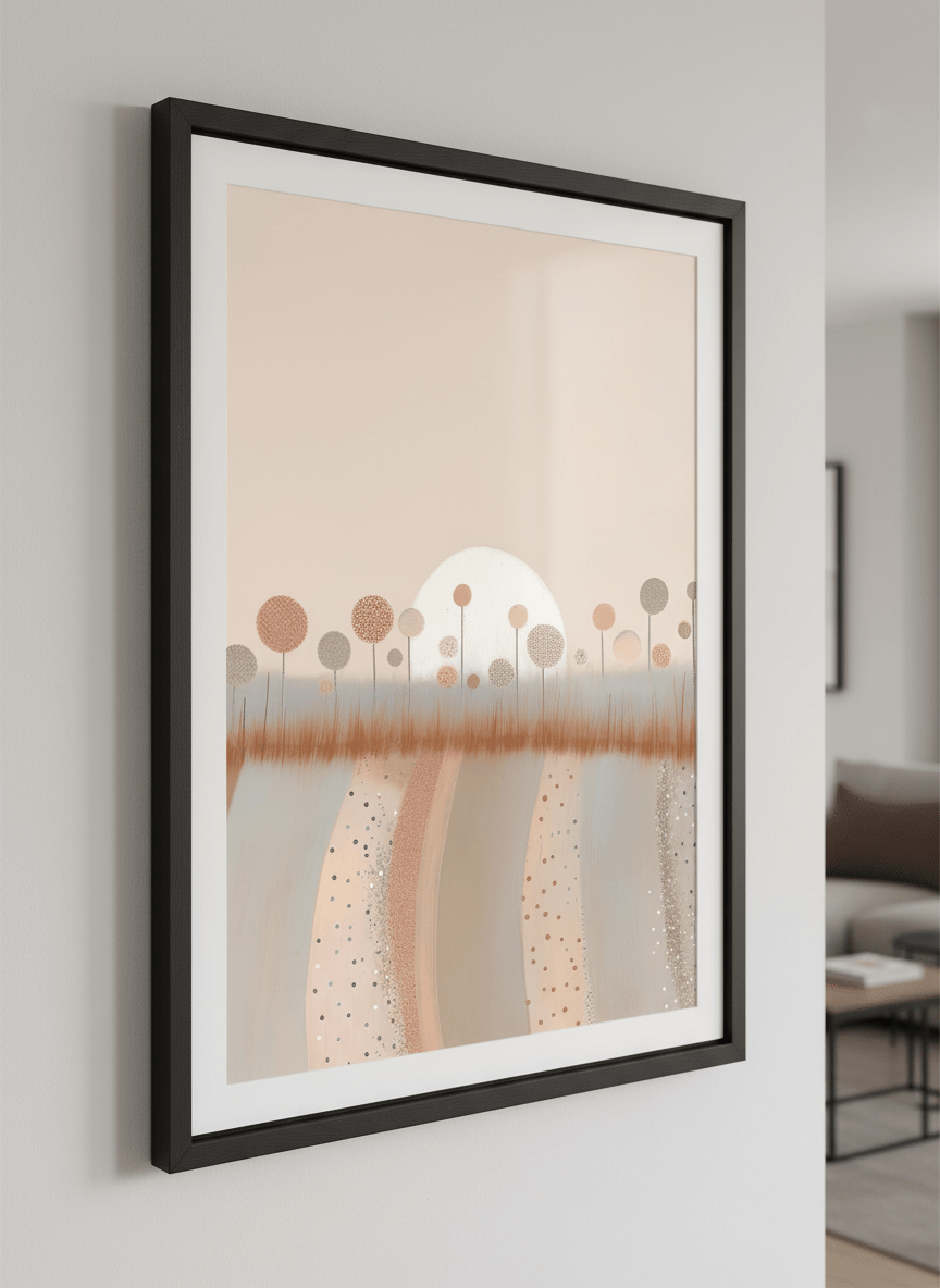 Modern wall art styled above a sofa in a neutral living room