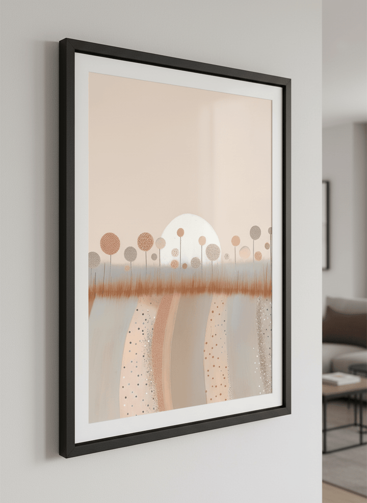 Modern wall art styled above a sofa in a neutral living room