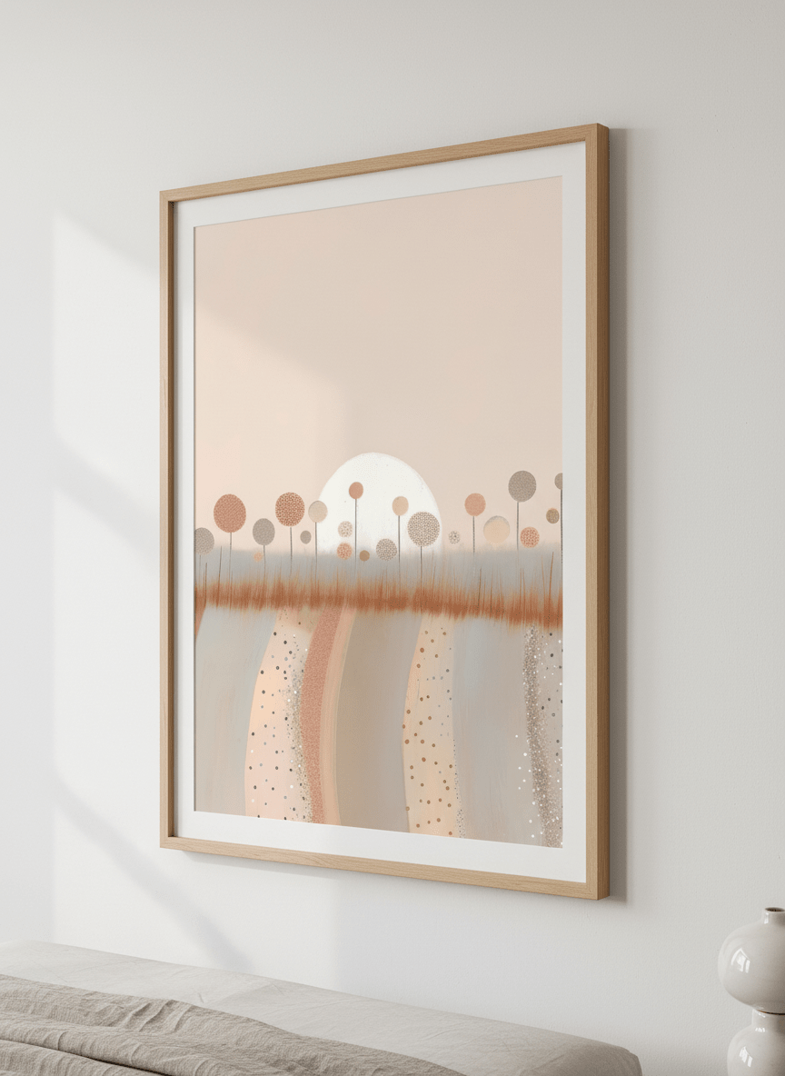 Minimalist artwork displayed in a calm, light-filled bedroom interior