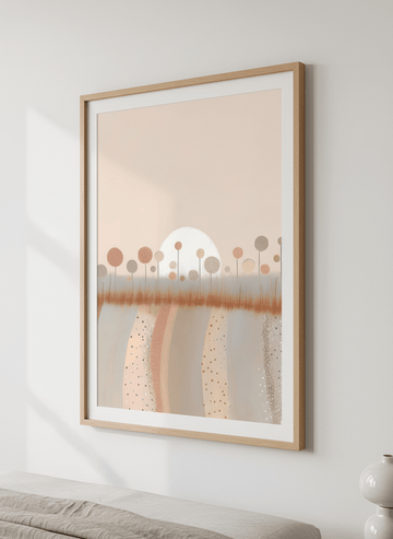 Minimalist artwork displayed in a calm, light-filled bedroom interior