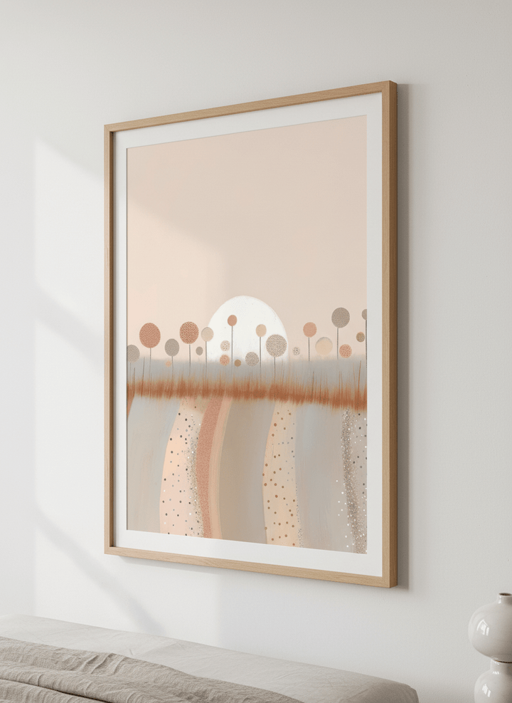 Minimalist artwork displayed in a calm, light-filled bedroom interior