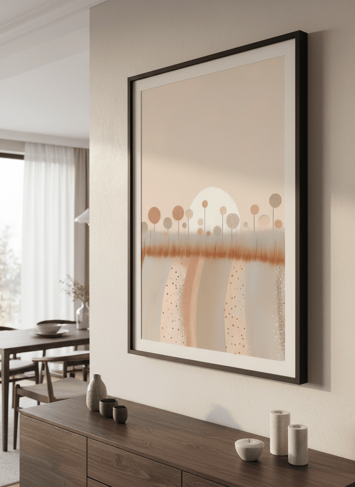 Wall art styled above a dining table in a contemporary home