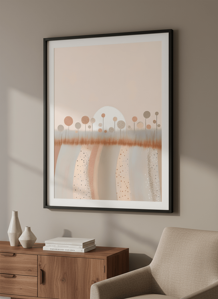 Modern wall art styled above a sofa in a neutral living room