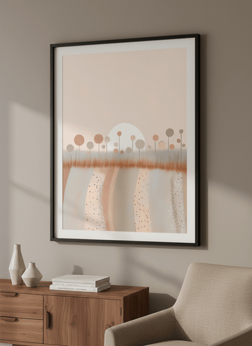 Modern wall art styled above a sofa in a neutral living room