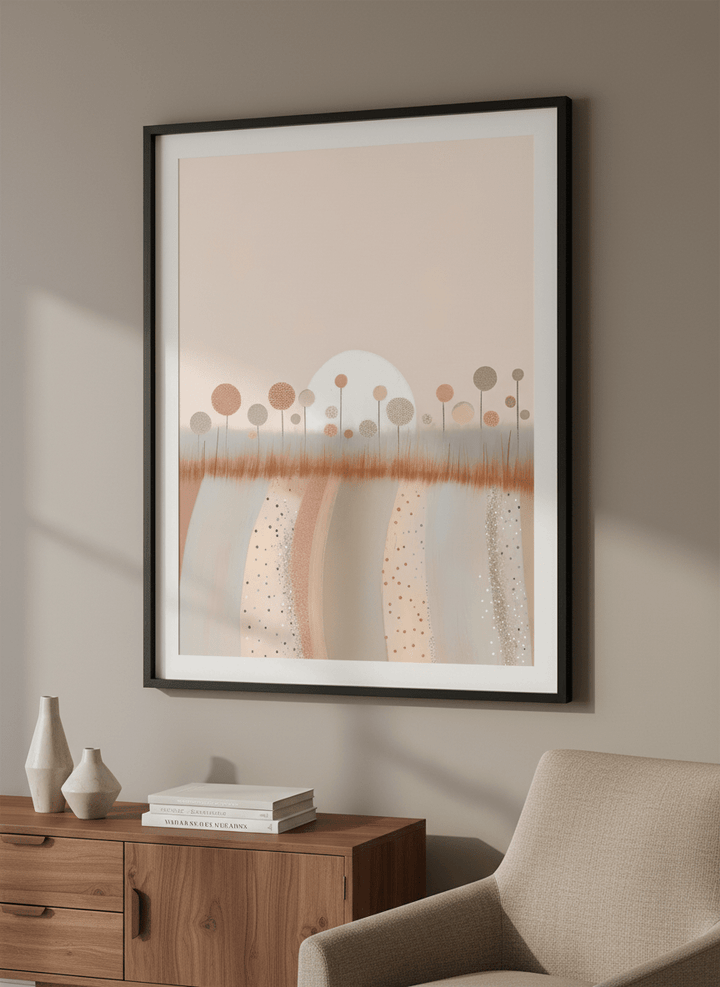 Modern wall art styled above a sofa in a neutral living room