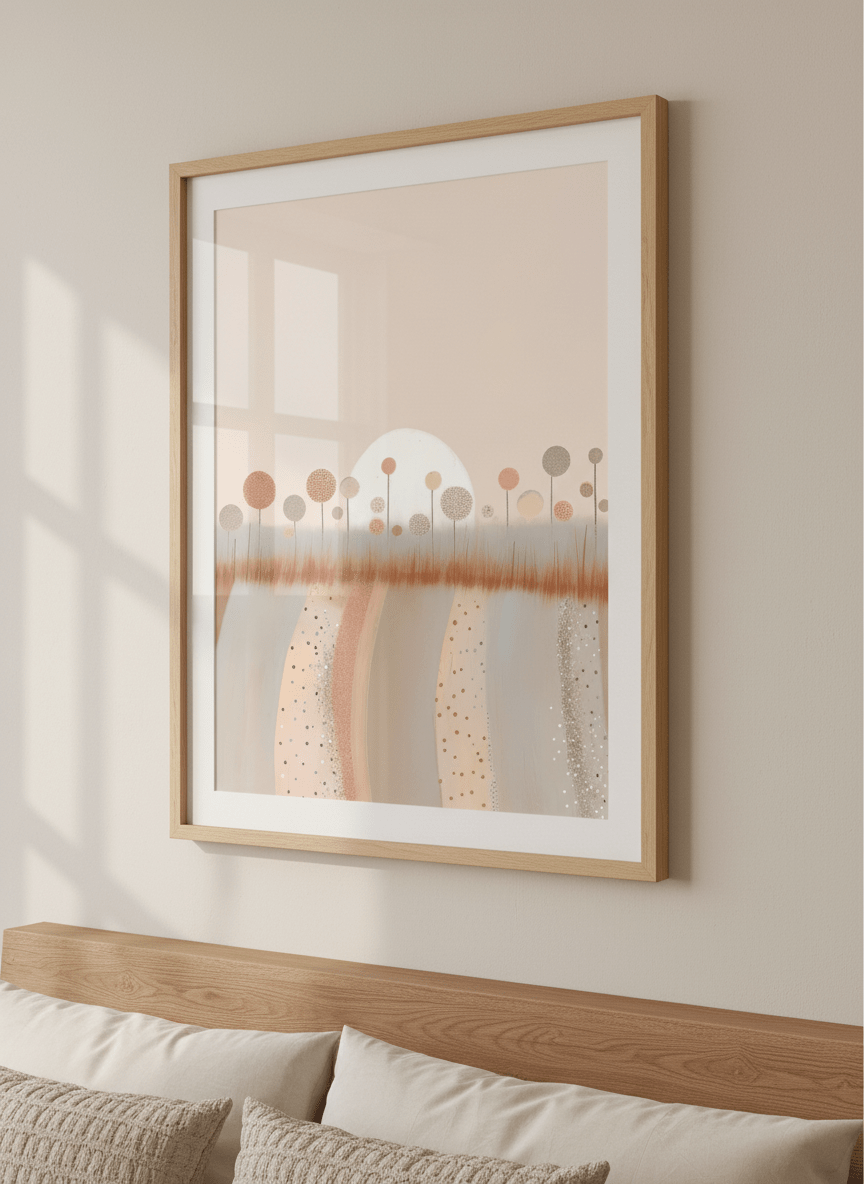 Minimalist artwork displayed in a calm, light-filled bedroom interior
